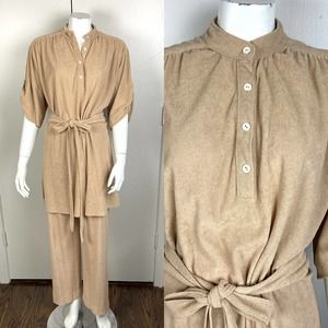 Vintage 70s Terrycloth Tunic Top Pants Suit Set Beige Matching M Medium 1970s